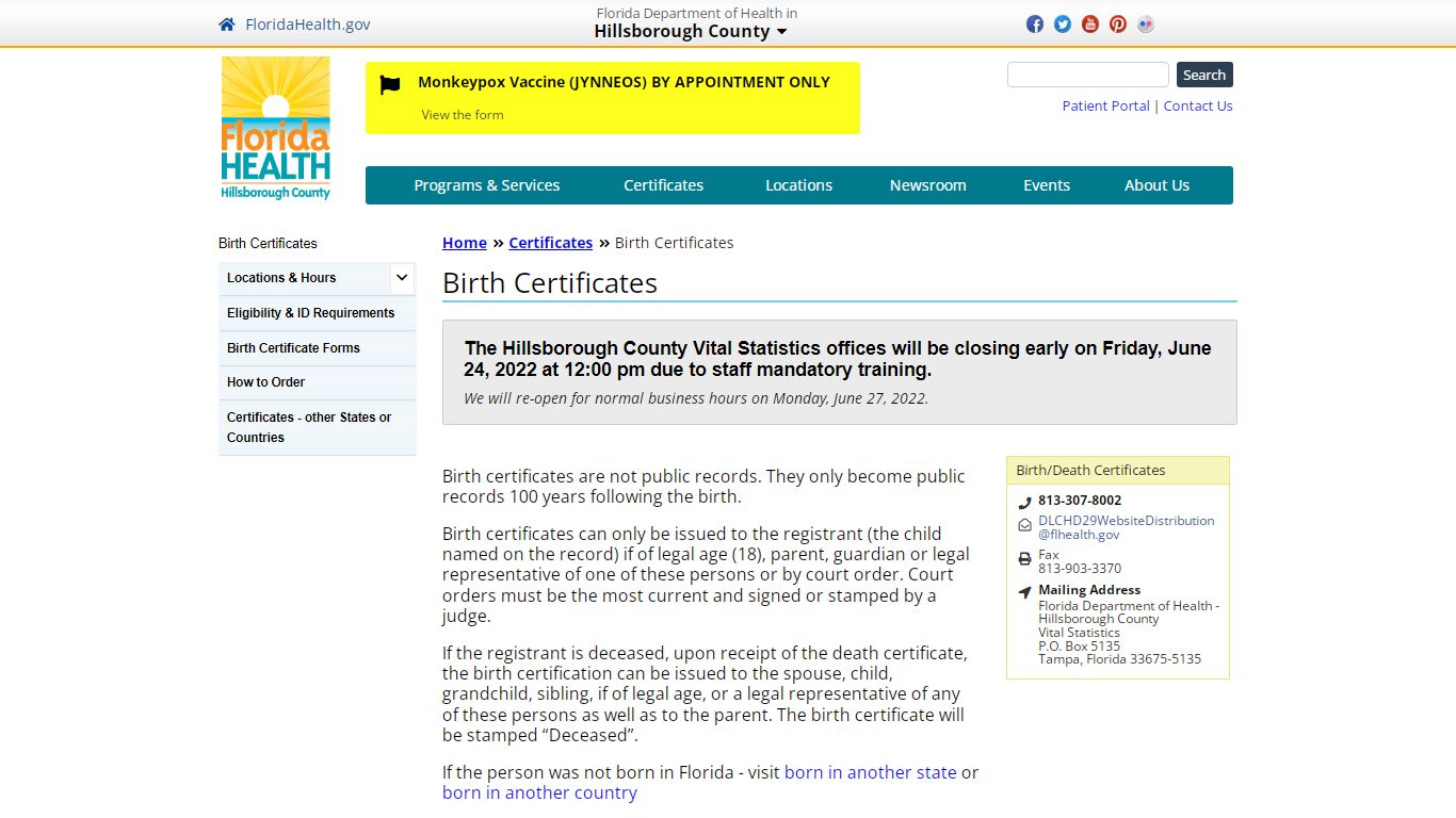 Birth Certificates | Florida Department of Health in Hillsborough