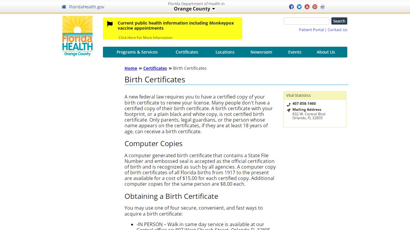 Birth Certificates | Florida Department of Health in Orange